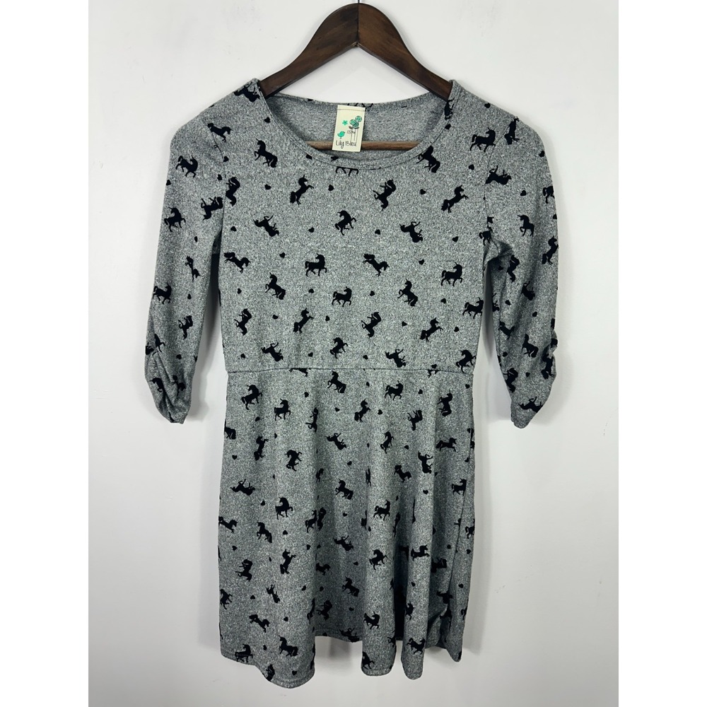 Lily Bleu Gray Unicorn Print Dress Girl 12 Ruched 3/4 Sleeve Fit Flare Princess